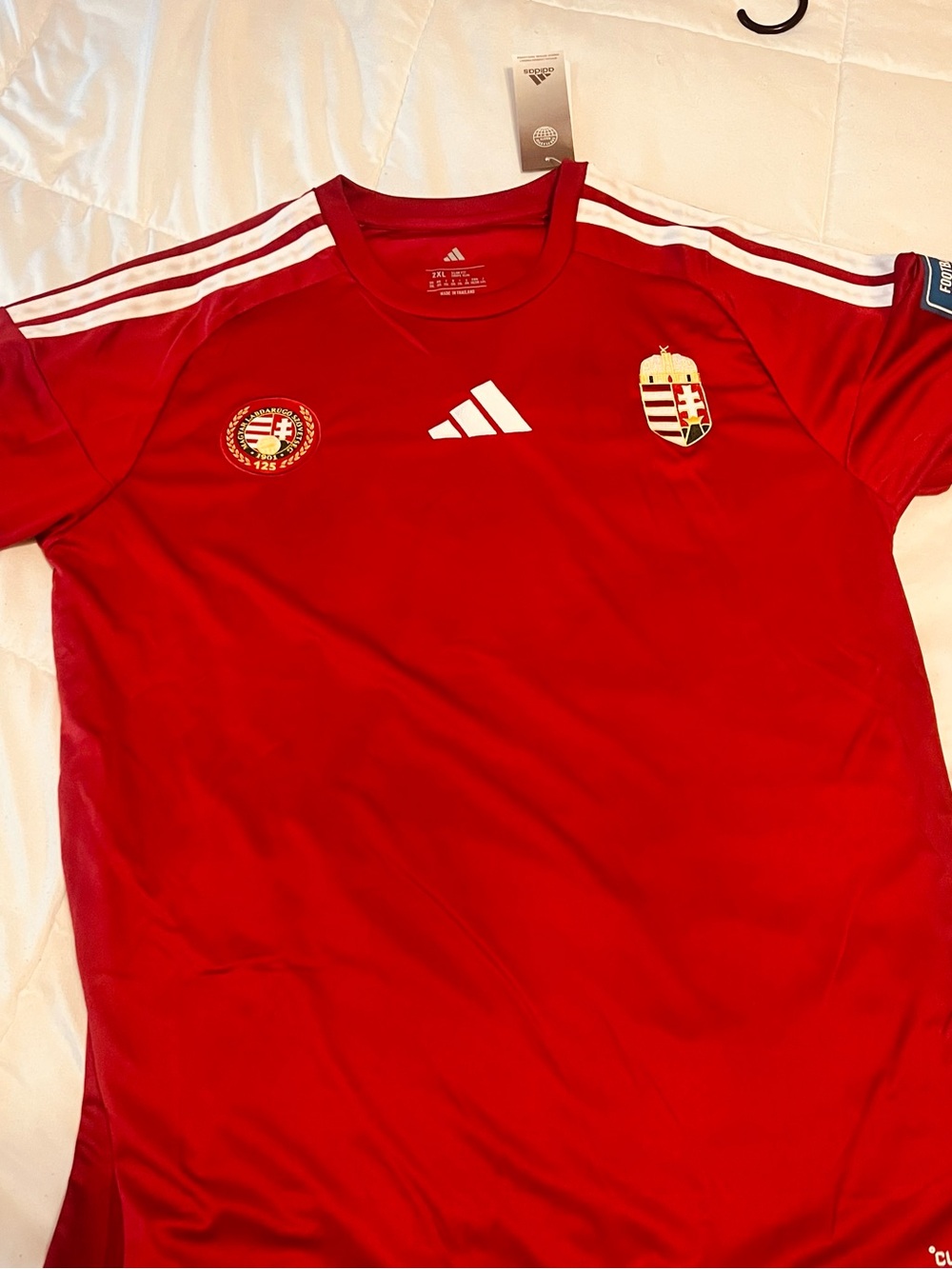 adidas Red Youth Short-Sleeve Soccer Jersey with White Stripes